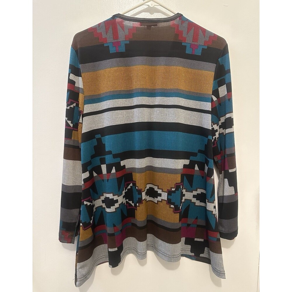 Kaktus Southwestern Aztec Tunic Top M Boho Western Faux Leather Trim V-Neck - Picture 2 of 10